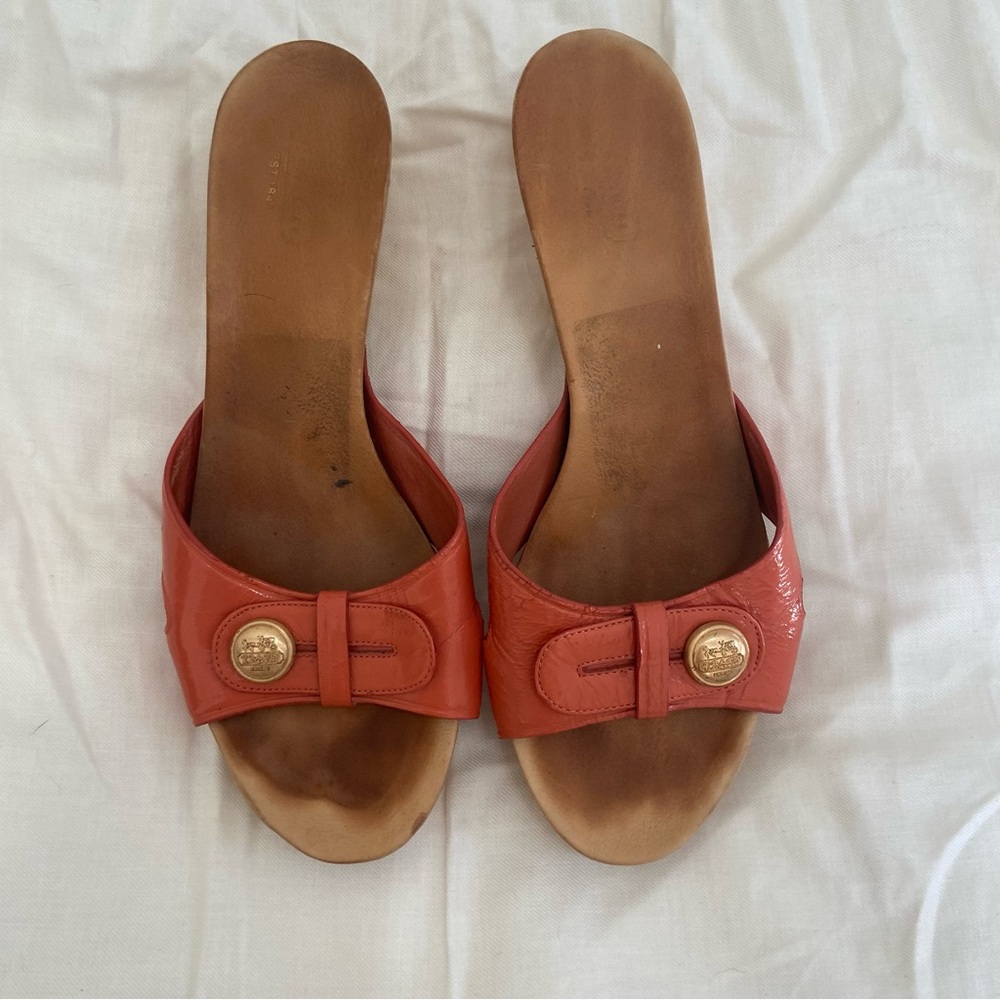 Coach Slide Sandals with Block Heels in Coral with Gold Accents